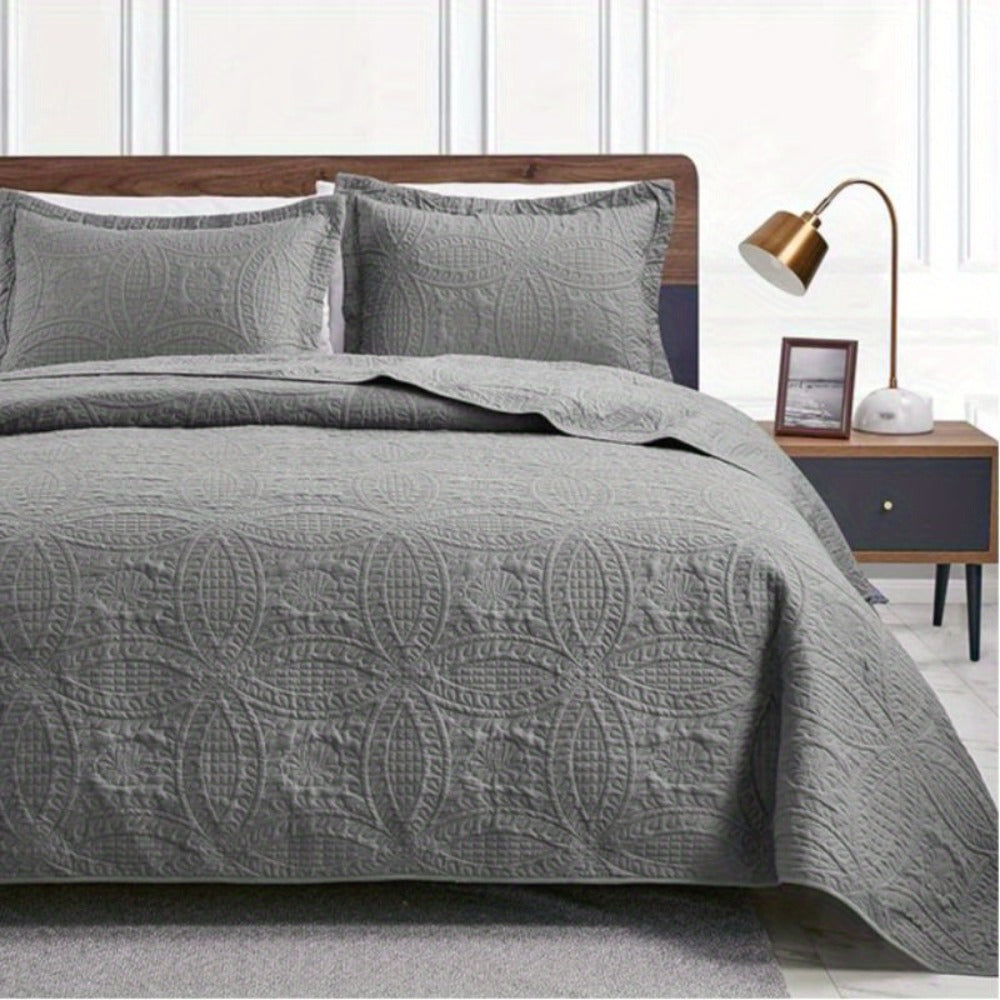 Quilt Set 3 Piece Lightweight Microfiber Bedspread with Pillow Shams - Coin Pattern Coverlet All Season Soft Bed Quilt Full Queen King Orange White Grey Green Khaki