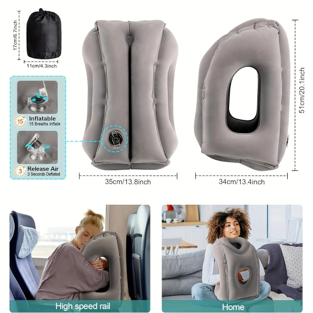 Inflatable Travel Neck Pillow Portable Air Cushion Soft Microfiber Cover Ergonomic Neck Support for Airplane Train Car Office Napping Compact Lightweight Travel Pillow Grey 15.17 Oz