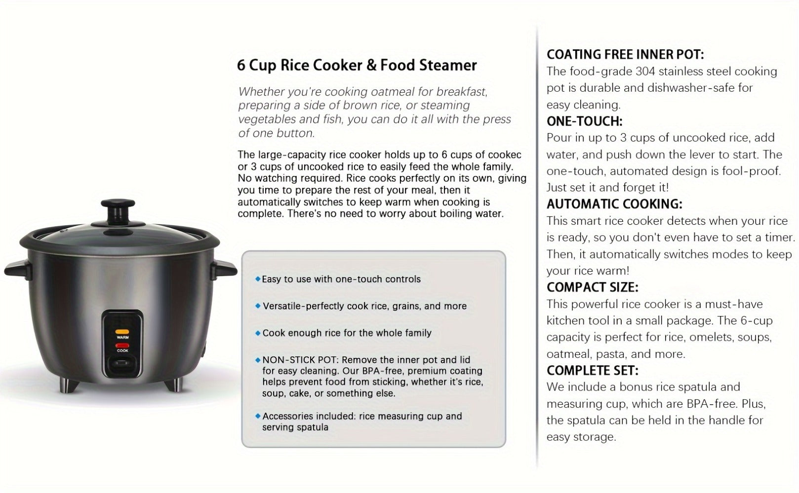 Rice Cooker & Yogurt Maker 1.5Qt ¨C 6-Cup Non-Stick Electric Rice Cooker with Auto Keep Warm, One-Touch, Stainless Steel Liner, Steamer for Rice, Oatmeal, Soup & Yogurt