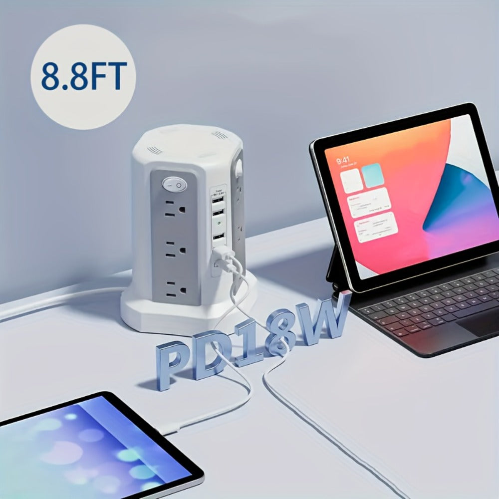 Power Strip Tower Surge Protector 16 AC Outlets 5 USB Ports PD20W USB-C Fast Charging Flat Plug Extension Cord 1500J Overload Protection Desktop Charging Station for Home Office Dorm