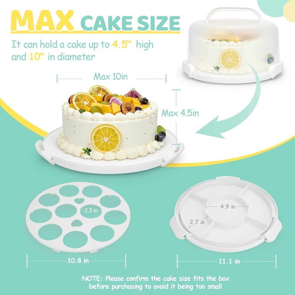10-Inch Cake Carrier with Lid BPA-Free Plastic Cake Storage Container Cupcake Keeper 2 Handles Transport Pies Fruits Nuts Secure Base Clip-On Lock