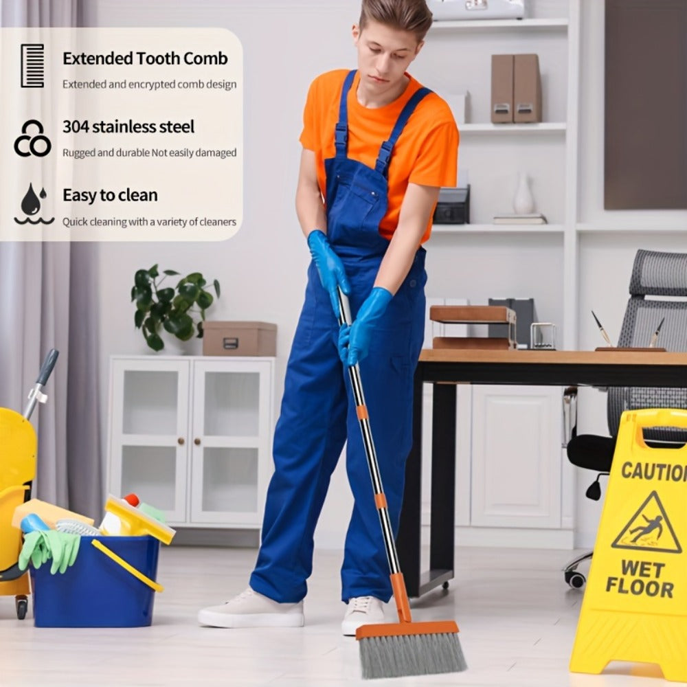 Folding Broom and Dustpan Set 50 Inch Extended Handle - Dense Elastic Bristles Wide Deep Dustpan for Dust Hair Debris, Foldable Broom for Home Kitchen Bathroom Bedroom Living Room, Blue White Black Orange Khaki