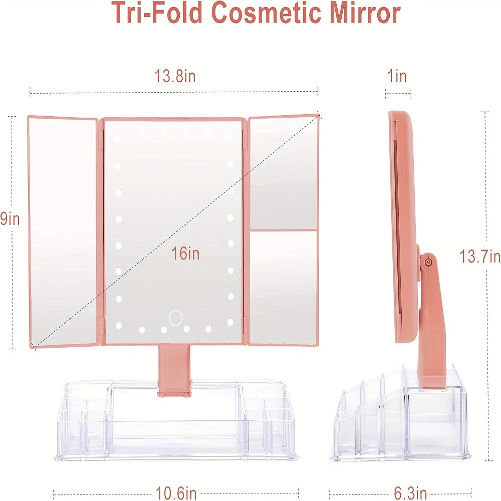 Lighted Makeup Mirror with Storage ¨C Tri-Fold Vanity Mirror 24 LED Lights, Touch Screen, 3X/2X/1X Magnification, 180¡ã Rotation, Dual Power Supply, White & Rose Gold