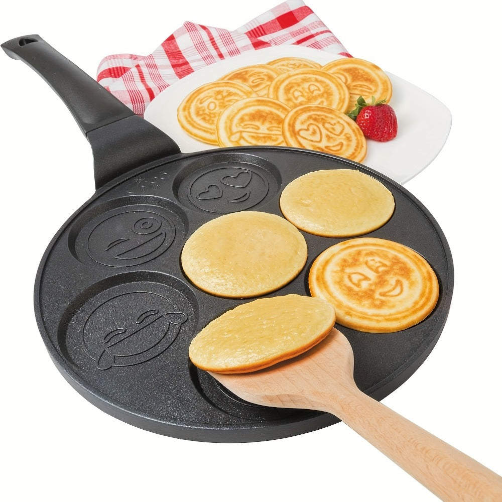 7-Hole Non-Stick Pancake Pan Smiley Face ¨C Aluminum Alloy Breakfast Maker with Detachable Handle for Gas Stove | Oven & Dishwasher Safe Crepe Waffle Egg Mold Cooking Pan Even Heat Distribution Black
