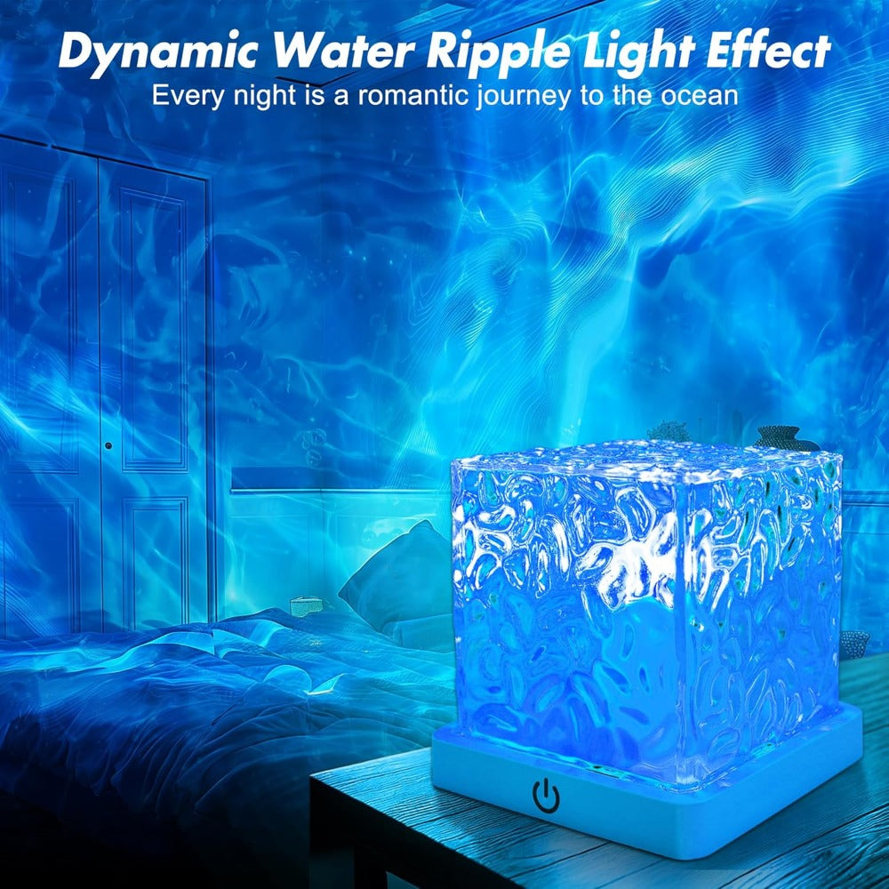 RGB Night Light Rechargeable 16-Color Ocean Wave Projection Lamp - Rotating Flame Water Ripple Remote Dimming for Bedroom Bar Restaurant Display Cabinet Decor