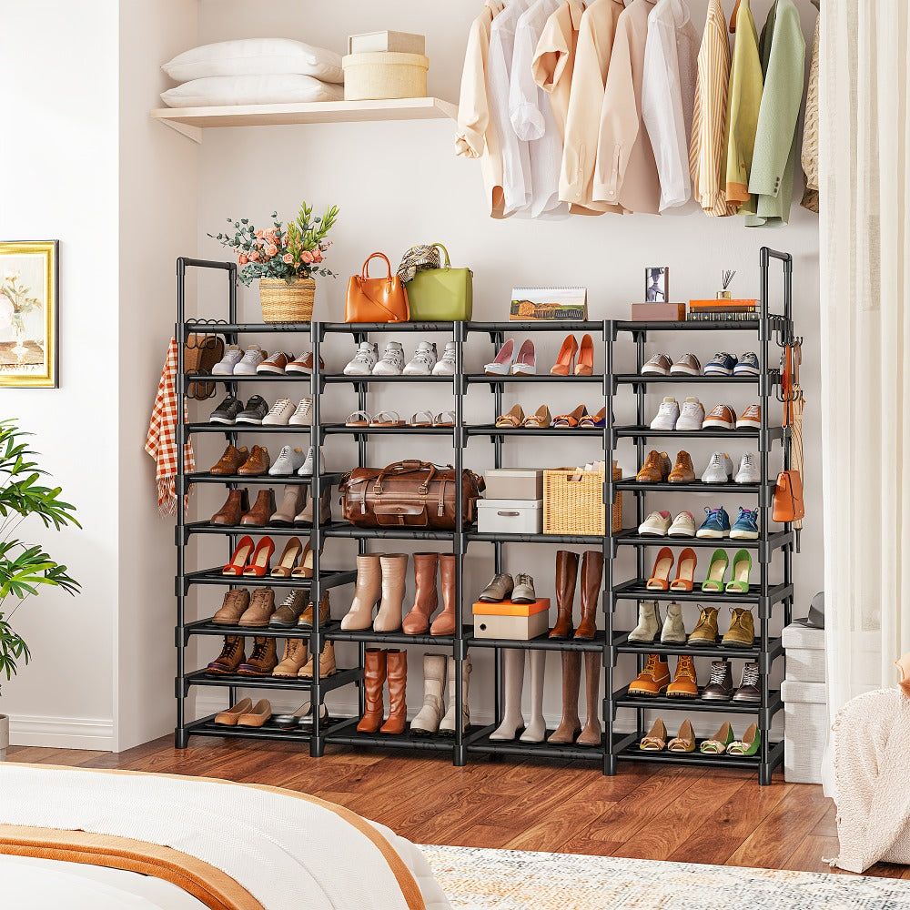 Large Metal Shoe Rack 4-Row 9-Tier Freestanding Shoe Organizer for Entryway Bedroom Hallway | 64-Pair Capacity Shoe Tower with Golden Tubes DIY Adjustable Shelves Space-Saving Vertical Shoe Storage