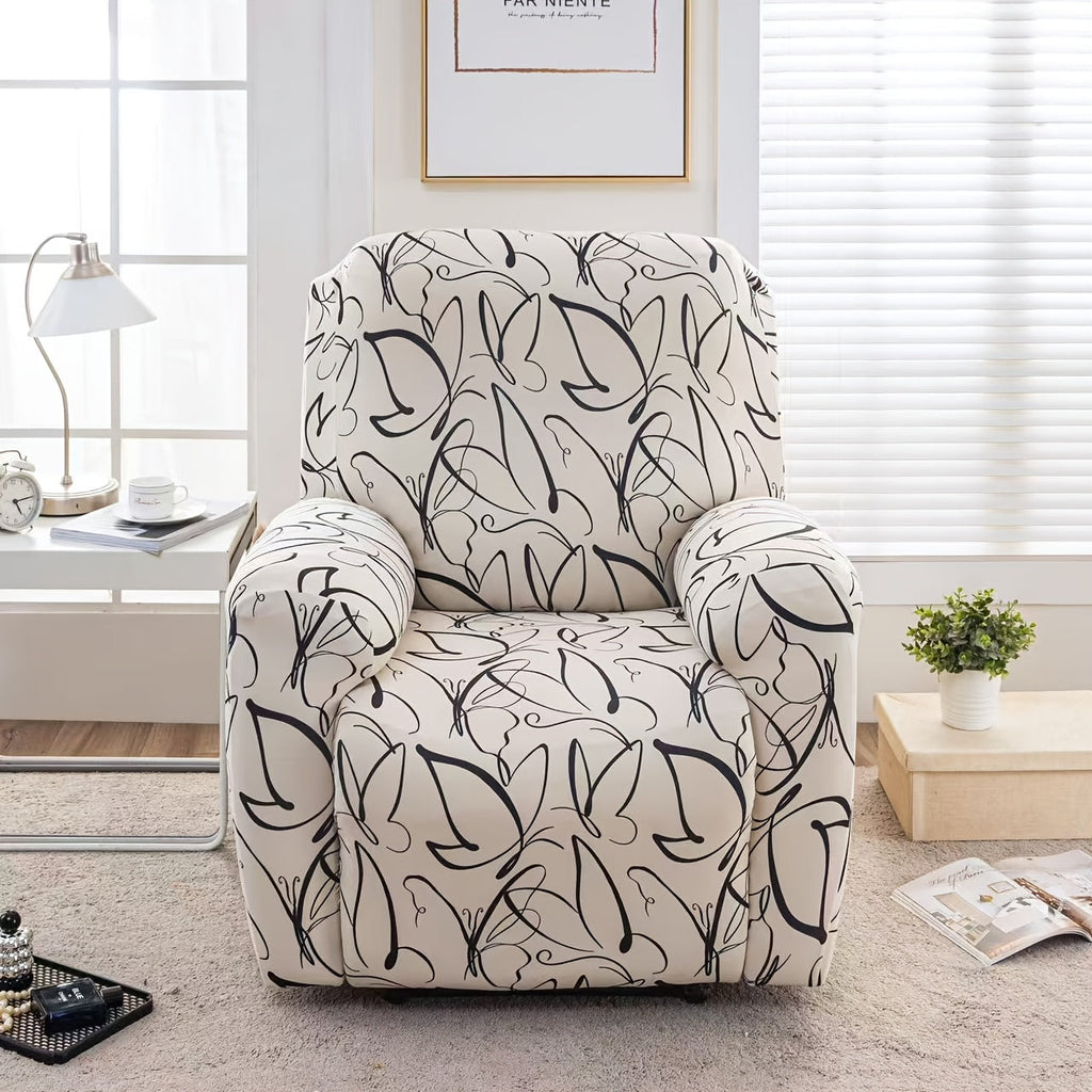 Recliner Slipcover 4pcs Extra Large with Pocket - Spandex Stretch Four Seasons Furniture Protector | Botanical Geometric Prints | Living Room Home Decor Sofa Chair Cover
