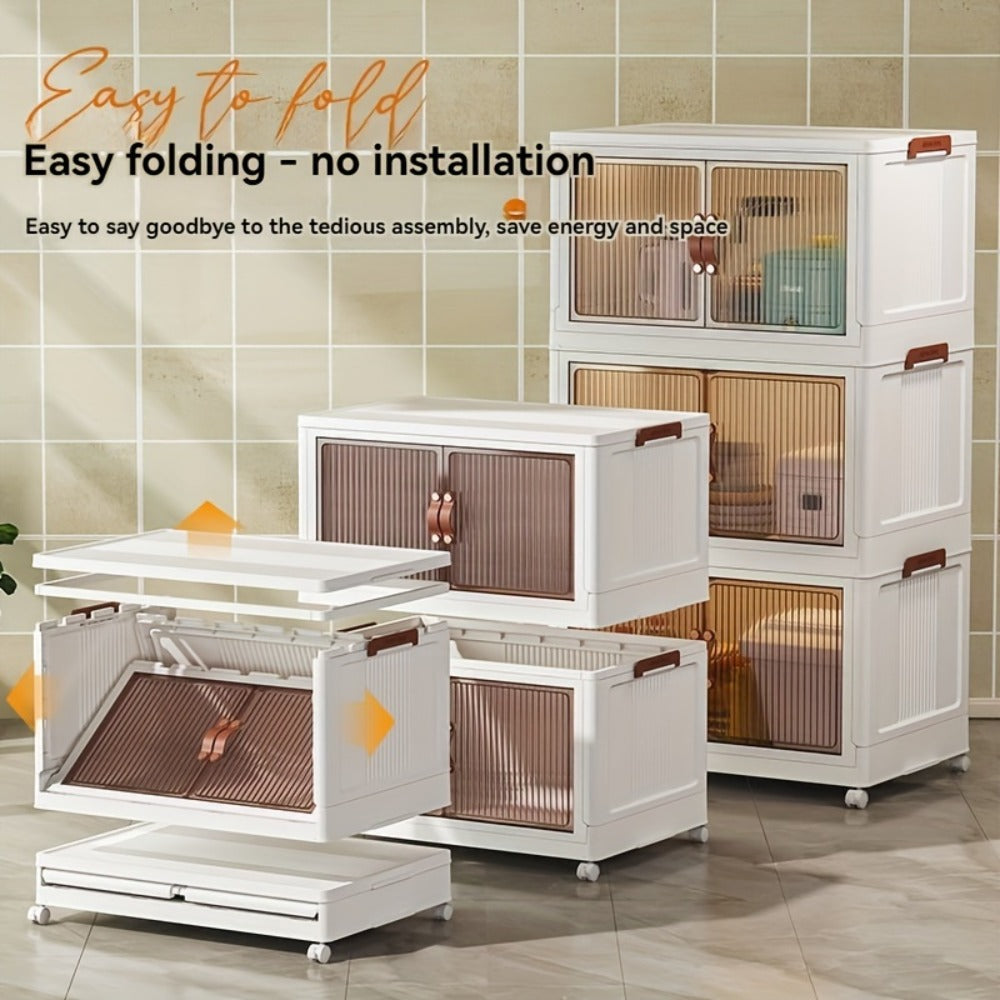 Foldable Storage Cabinet with Wheels & Lid ¨C Stackable Closet Organizer for Clothes, Bedding & Bedroom, Space-Saving Wardrobe Box for Bedroom, Game Room, Dorm, 48QT Multi-Layer