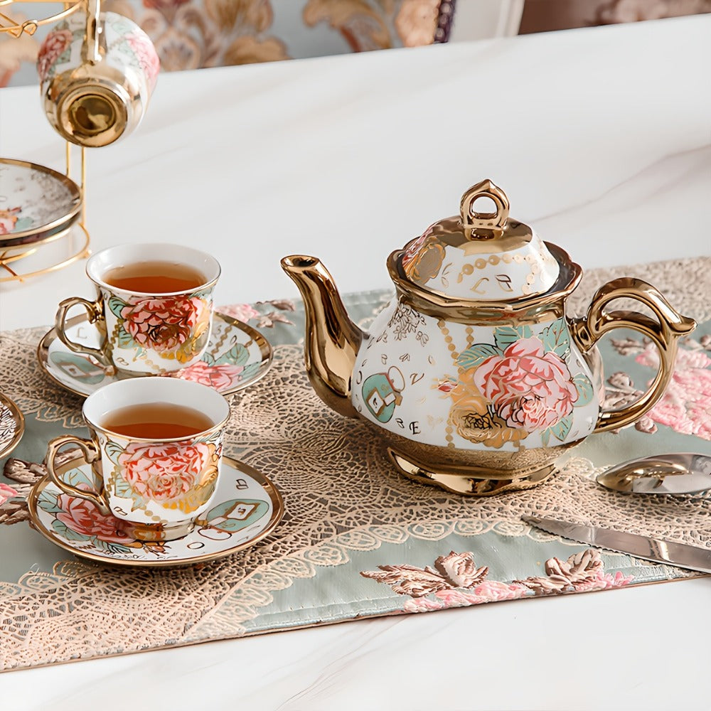 Floral Ceramic Tea Set 20 Pcs ¨C European Porcelain Tea Cups & Saucers with Metal Holder & 15 Oz Teapot ¨C Luxury Arabic Coffee Cup Set for Espresso, Cappuccino & Afternoon Tea ¨C Elegant Gift