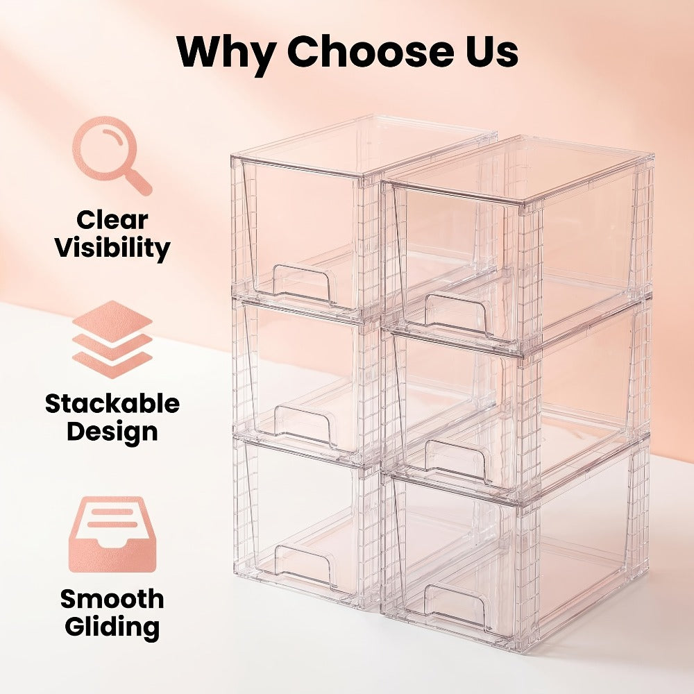 Stackable Storage Drawers Acrylic Drawer Organizer Cabinet | 4/6/8 Packs Plastic Bins for Bathroom Undersink Kitchen Pantry Makeup Organization Easy Assembly Modular Drawer Units