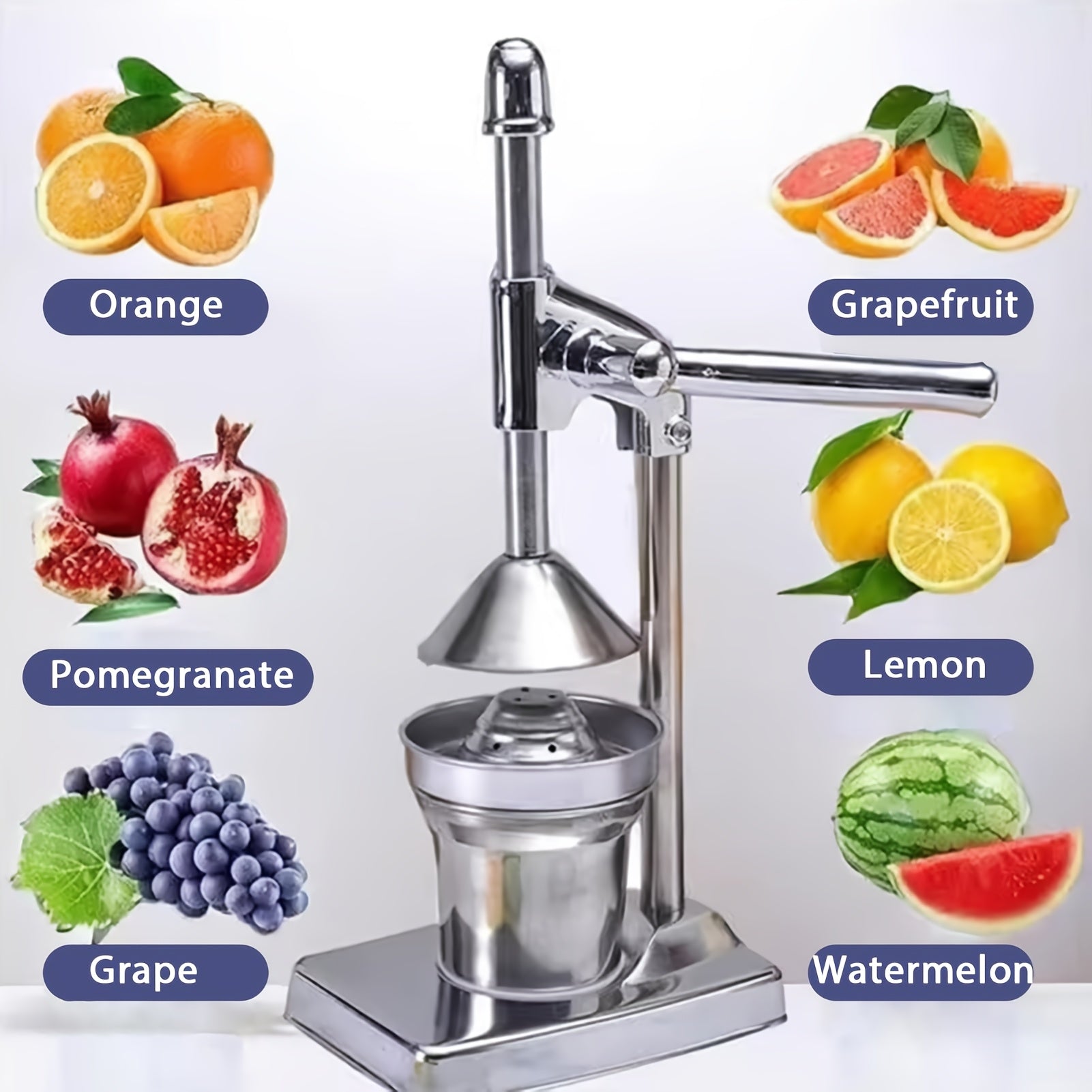 Manual Citrus Juicer Stainless Steel Lemon Squeezer with Lever Press, Heavy Duty Hand Press Orange Juicer Extractor with Non-Slip Base & Fine Strainer for Fresh Juice Kitchen Countertop
