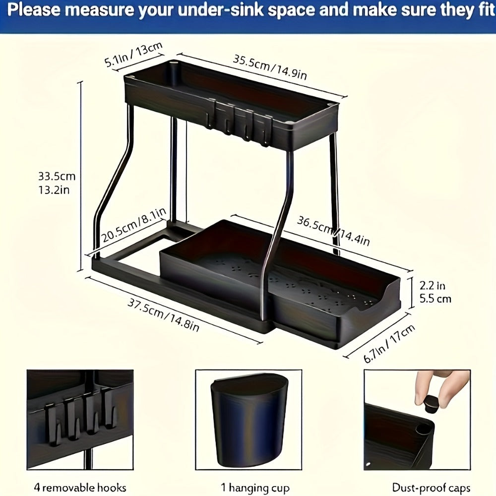 Under Sink Organizer 2-Tier Sliding Cabinet Basket with Hooks ¨C Adjustable Bathroom Kitchen Shelf Storage Rack for Cabinets