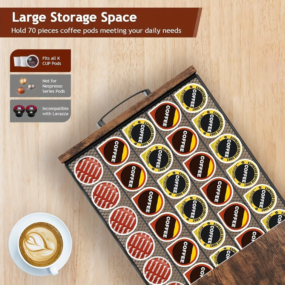 Coffee Pod Holder and Mug Rack - K Cup Capsule Organizer 70 Capacity Single Double Layer Coffee Machine Stand Countertop Storage | Rustic Brown | Kitchen Coffee Bar Organizer Gift