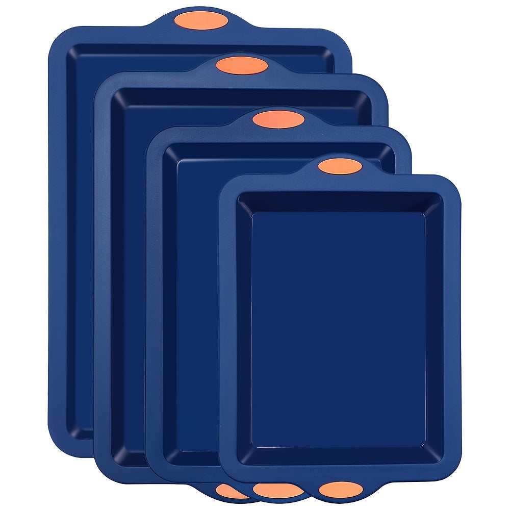 Silicone Baking Pans Set 4-Piece ¨C Nonstick Bakeware with Metal Reinforced Frame, Includes Baking Sheet, Cookie Sheet & Cake Pan with Grips, Oven Safe, Easy Release ¨C Navy Blue & Light Gray