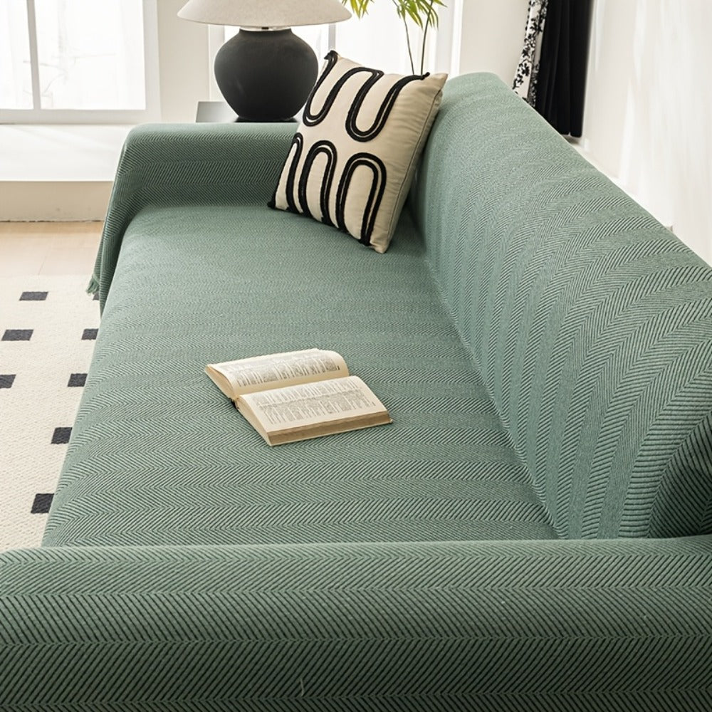 Herringbone Sofa Throw Cover with Tassels Jacquard Woven Solid Color Washable Polyester Sofa Blanket Slipcover for 3 4 Seater Couch Living Room - Grey Coffee Green Blue