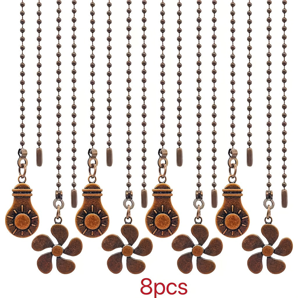 Ceiling Fan Pull Chain Extension Set of 8 - Decorative Bead Chain Pull Cord with Five-Leaf & Bulb Pendants, Iron Chain & Zinc Alloy, Bronze, Black, White, Red, Multi-Color, No Batteries Required