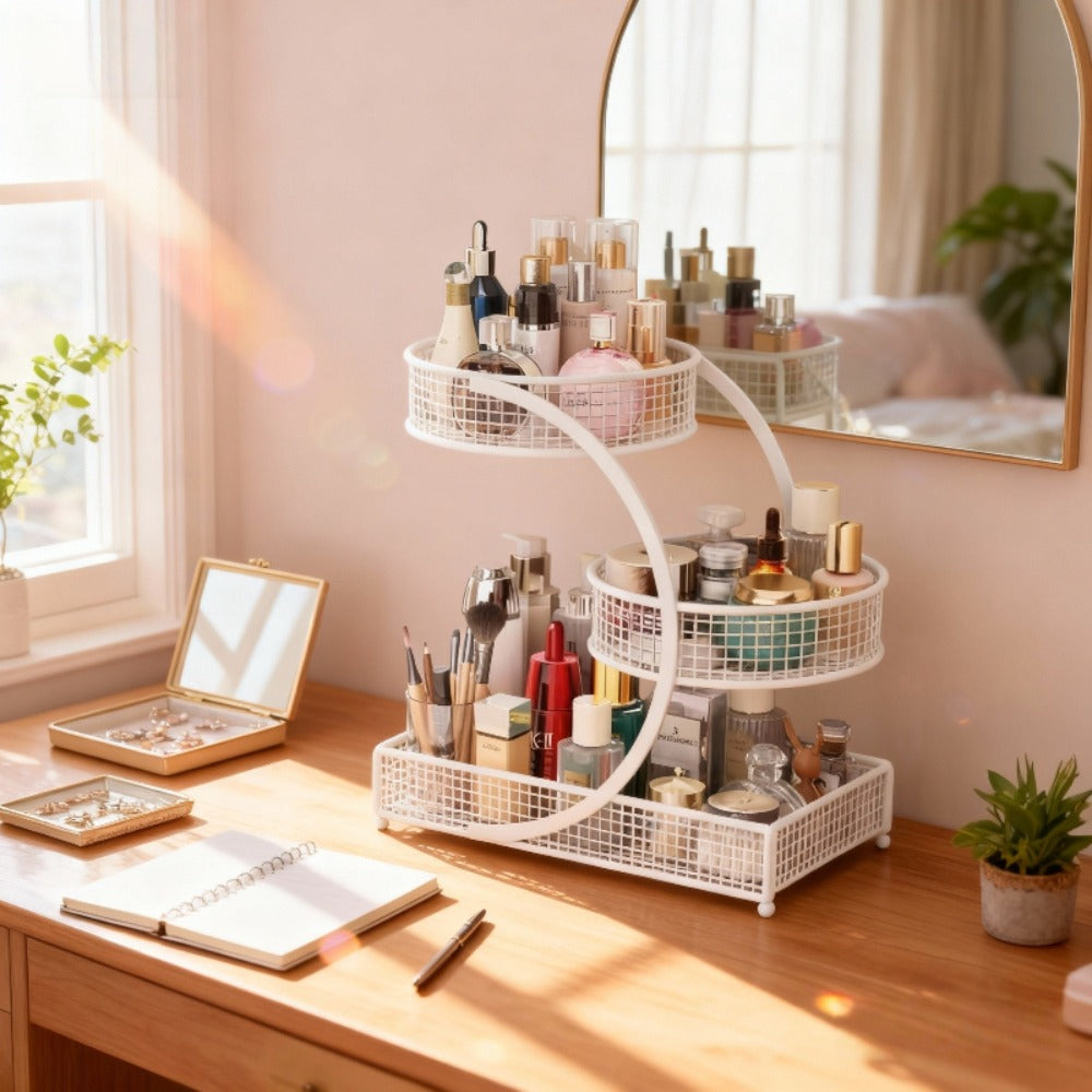 3-Tier Metal Makeup Organizer with Round Baskets Anti-Rust Vanity Storage Rack with Tissue Holder Space Saving Cosmetic Organizer Gift for Women