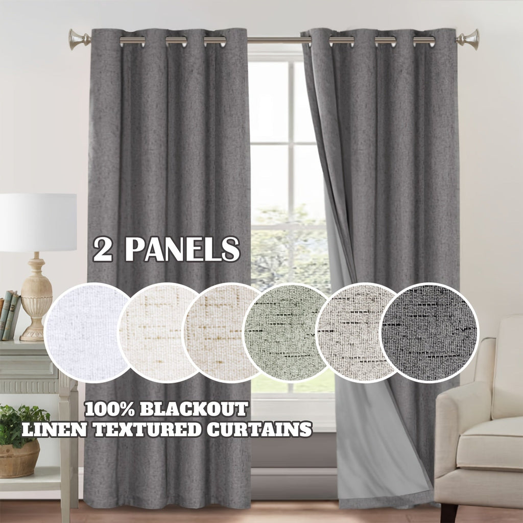 Blackout Curtains 2 Panels 100% Blackout Linen Textured Thermal Insulated Grommet Window Drapes Noise Reducing for Bedroom Living Room Hall - Full Light Blocking Room Darkening Curtains