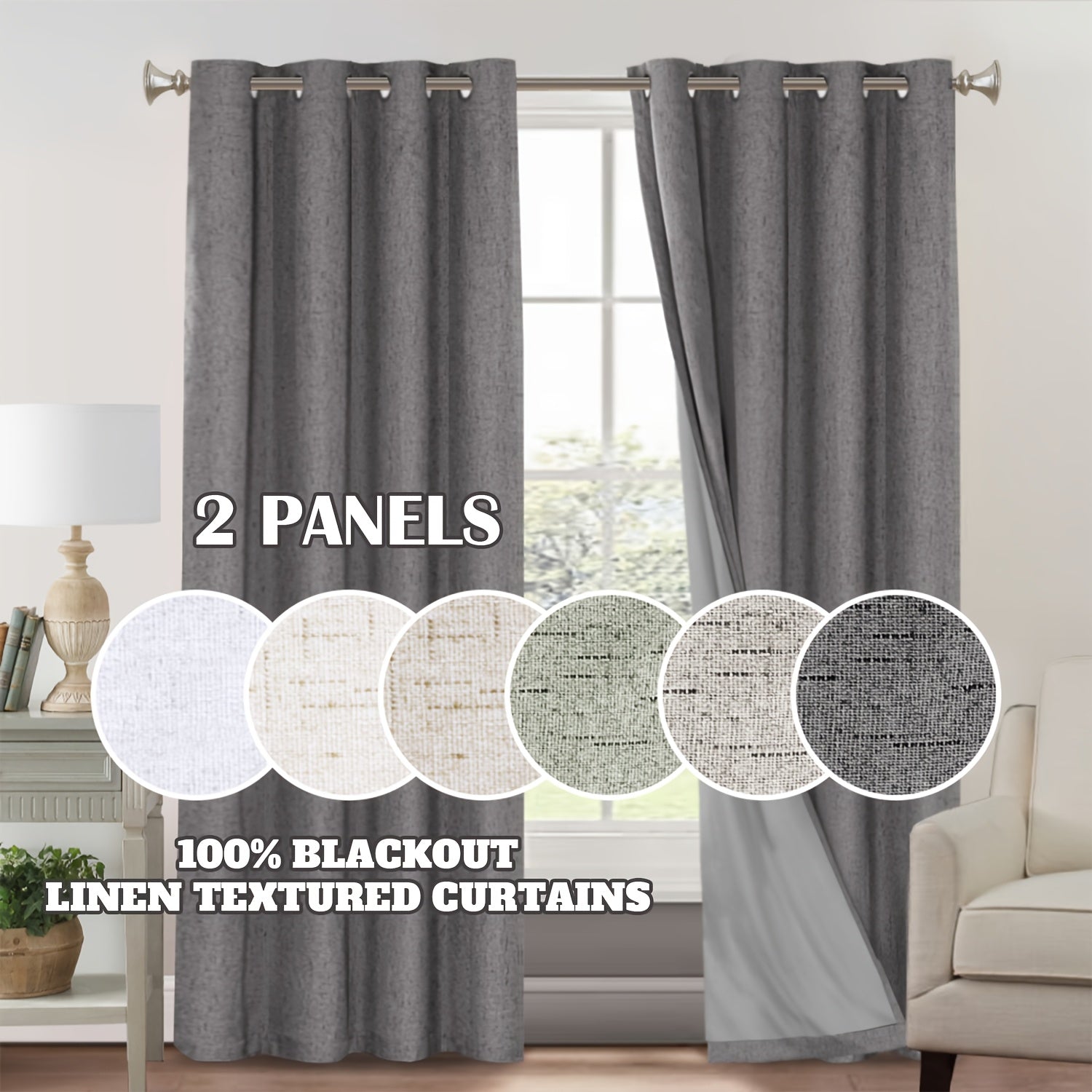Blackout Curtains 2 Panels 100% Blackout Linen Textured Thermal Insulated Grommet Window Drapes Noise Reducing for Bedroom Living Room Hall - Full Light Blocking Room Darkening Curtains