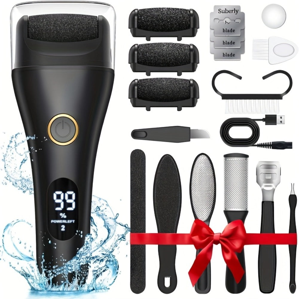 Electric Pedicure Foot File 10-in-1 Kit ¨C Rechargeable with Digital Display, 3 Roller Heads, Dead Skin & Hard Skin Remover for Men & Women