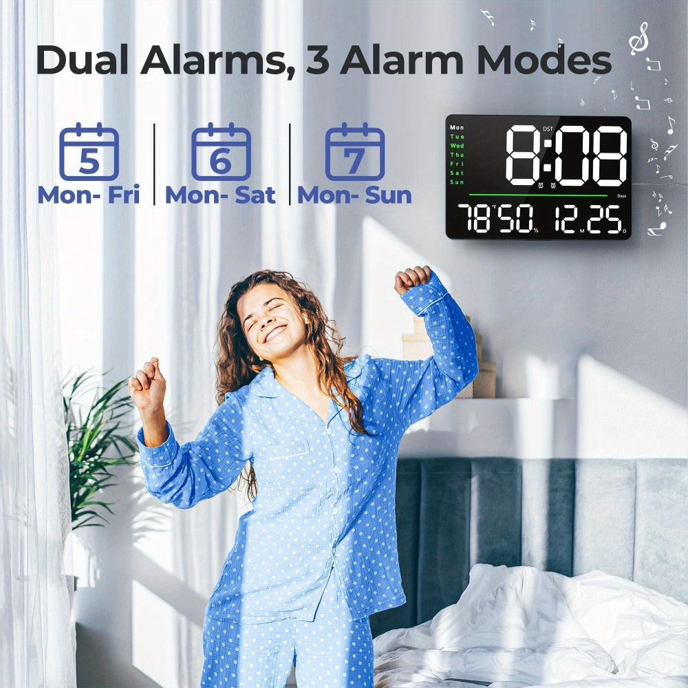 Digital Wall Clock 16 Inch LED with Remote Control ¨C Large Display Shows Time, Date, Day of Week & Indoor Temperature, Modern Decor for Bedroom, Living Room, Office, Gym & Garage (White)