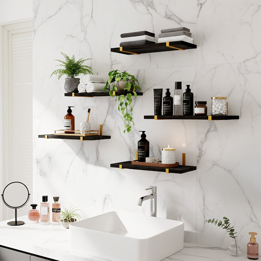 Rustic Floating Shelves Set of 5, 15.8x4.7 Inch Wall Mounted Wooden Shelves for Bedroom Living Room Kitchen Bathroom Office Plant Display