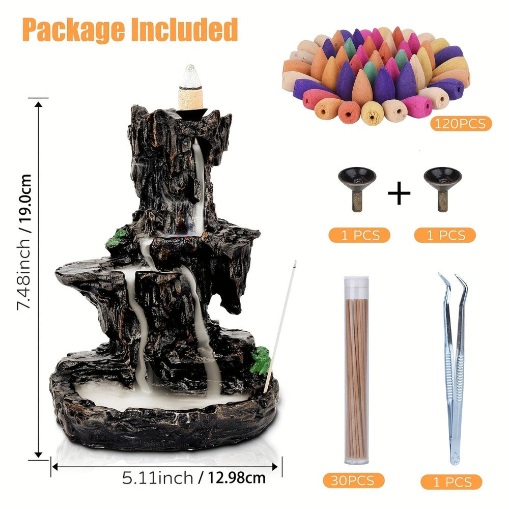 Backflow Incense Burner Waterfall Smoke Effect 2-Side Incense Holder with 120 Backflow Cones 30 Incense Sticks Aromatherapy Ornament for Home Decor Meditation Yoga Relaxation Stress Relief