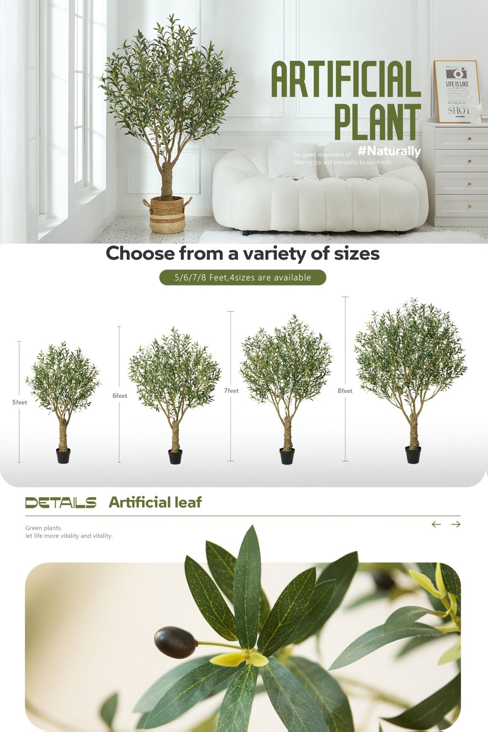 Artificial Olive Tree 5/6/7/8FT UV-Resistant Faux Olive Plant with Black Planter, Lifelike Silk Leaves, Mediterranean Indoor Outdoor Decor for Living Room Office Bedroom Patio