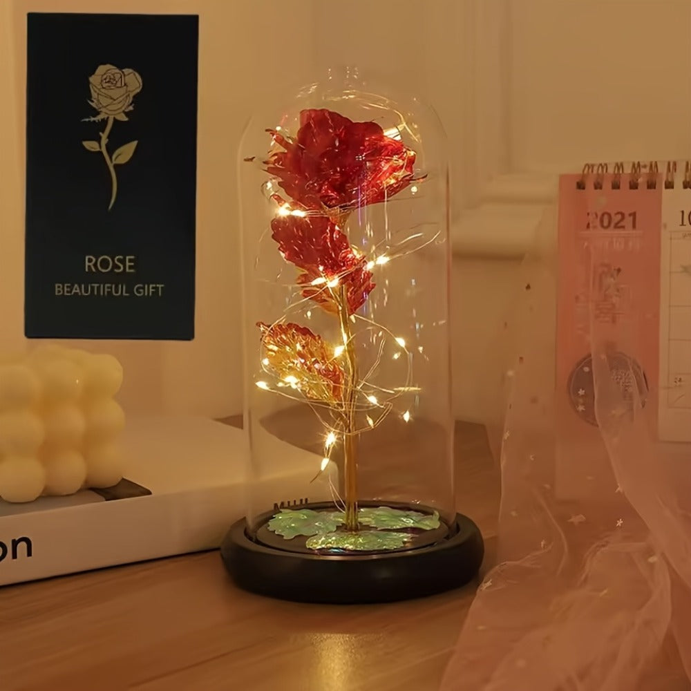 LED Rose Flower in Glass Dome, Eternal Foil Rose with LED Light, Romantic Valentine's Day Gift for Girlfriend, Mother's Day Wedding Bridesmaid Desktop Decoration, Battery Powered