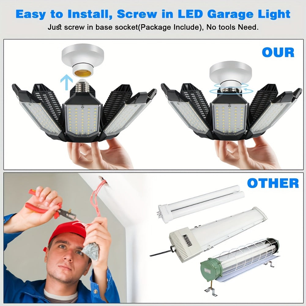 LED Garage Lights 25000LM Deformable ¨C 250W Equivalent E26/E27 Screw-In Ceiling Shop Light with 6+1 / 8+1 Adjustable Panels for Garage, Basement, Attic & Warehouse (1, 2 or 4-Pack)