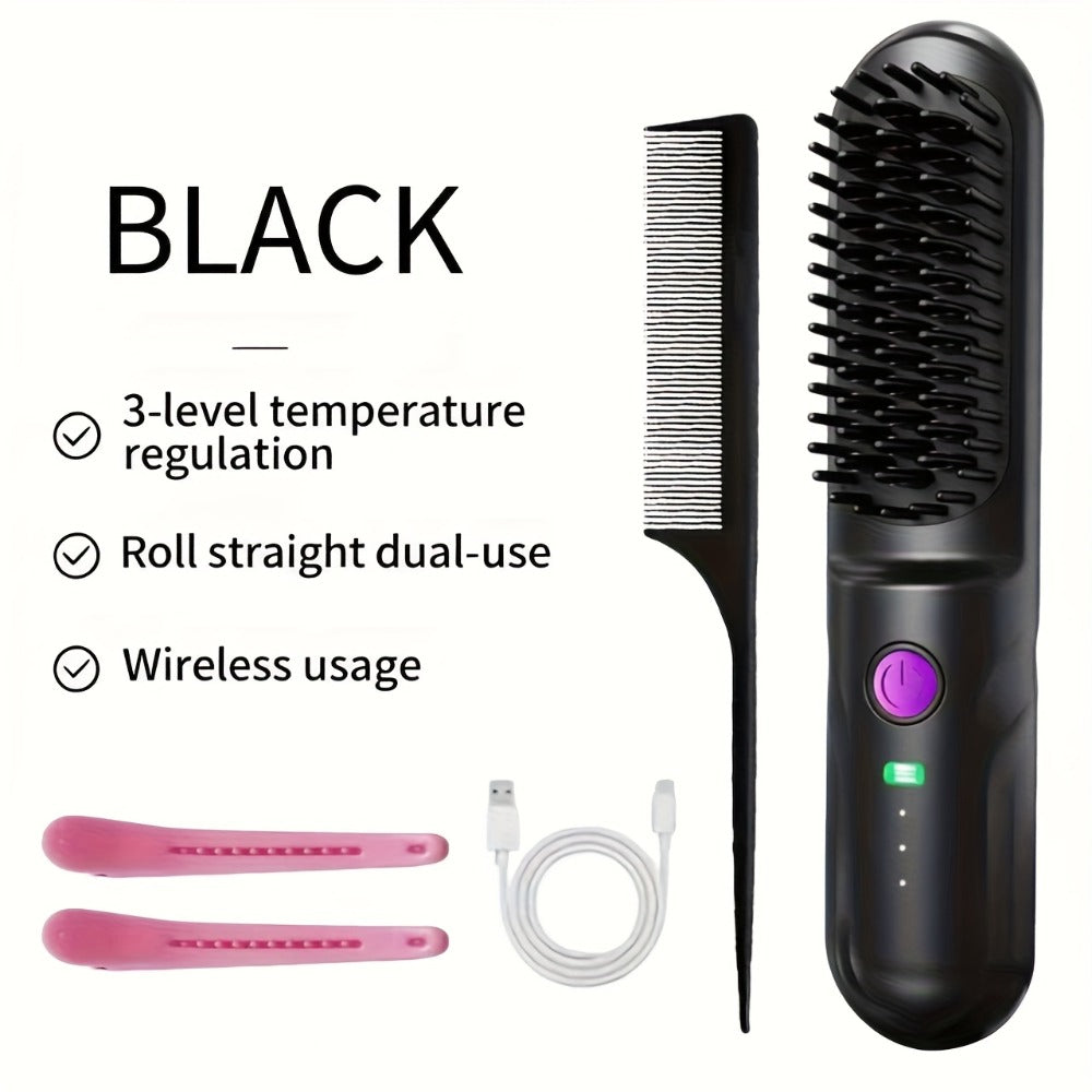Wireless Hair Straightener Comb - Portable Cordless Straightening Brush with 3-Min Fast Heat, 3 Temp Settings 170-190¡ãC, Negative Ion Technology, 3D Comb Design, Lightweight Travel Hair Straightener
