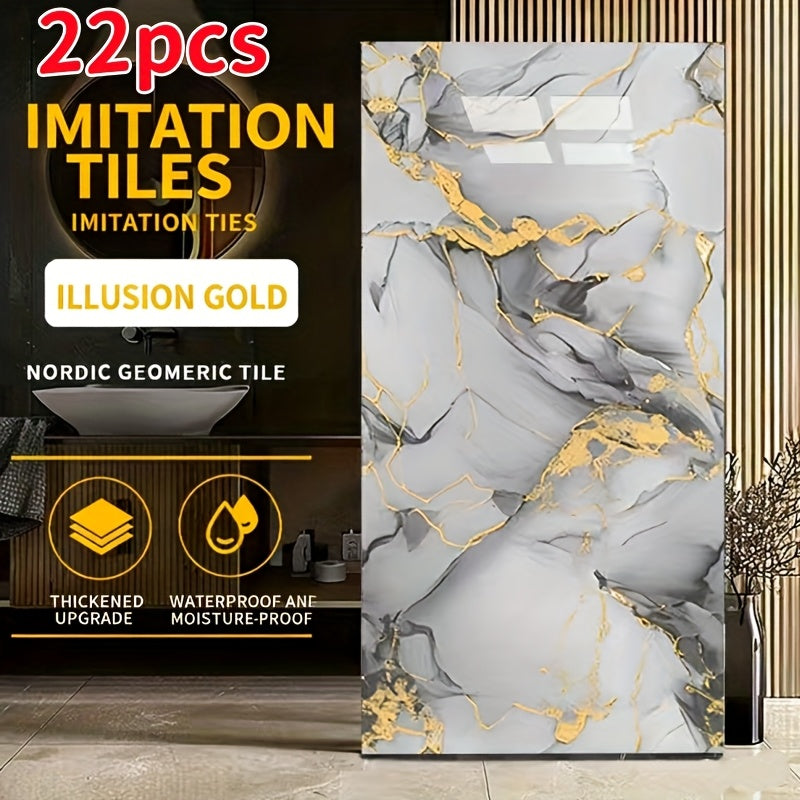 Self-Adhesive Waterproof PVC Wall Sticker 22pcs Peel and Stick Marble Boho Wallpaper 11.81x23.62in Oil Resistant for Kitchen Bathroom Living Room Bedroom Decor