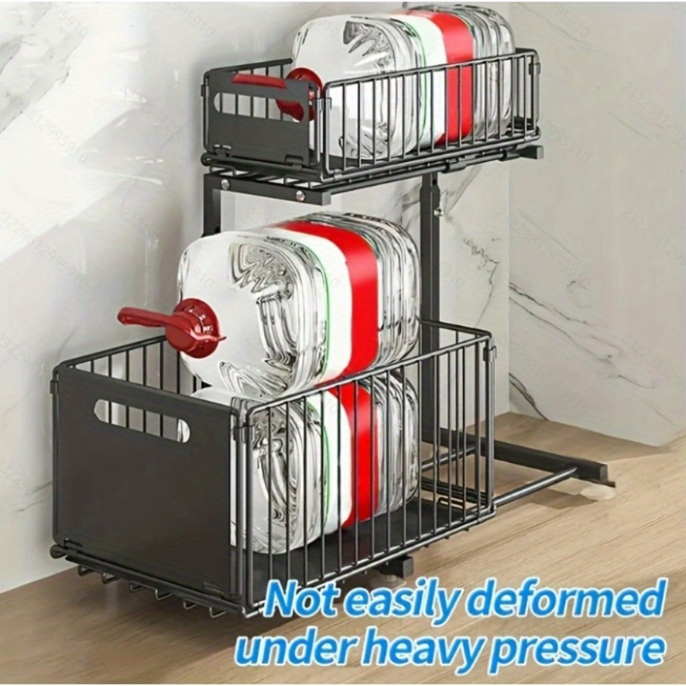 Under Sink Organizer 2-Tier Slide Out Pull Out Drawer Metal Basket Height Adjustable - Under Sink Cabinet Organizer for Kitchen Bathroom Storage, Sliding Shelf Rack for Cleaning Supplies Toiletries