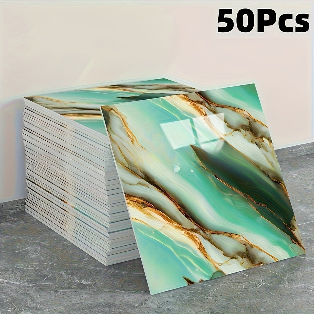 Peel and Stick Wall Tile Stickers Marble Pattern Self-Adhesive Waterproof Glossy Wallpaper 50/100Pcs for Kitchen Bathroom Living Room Home Decor