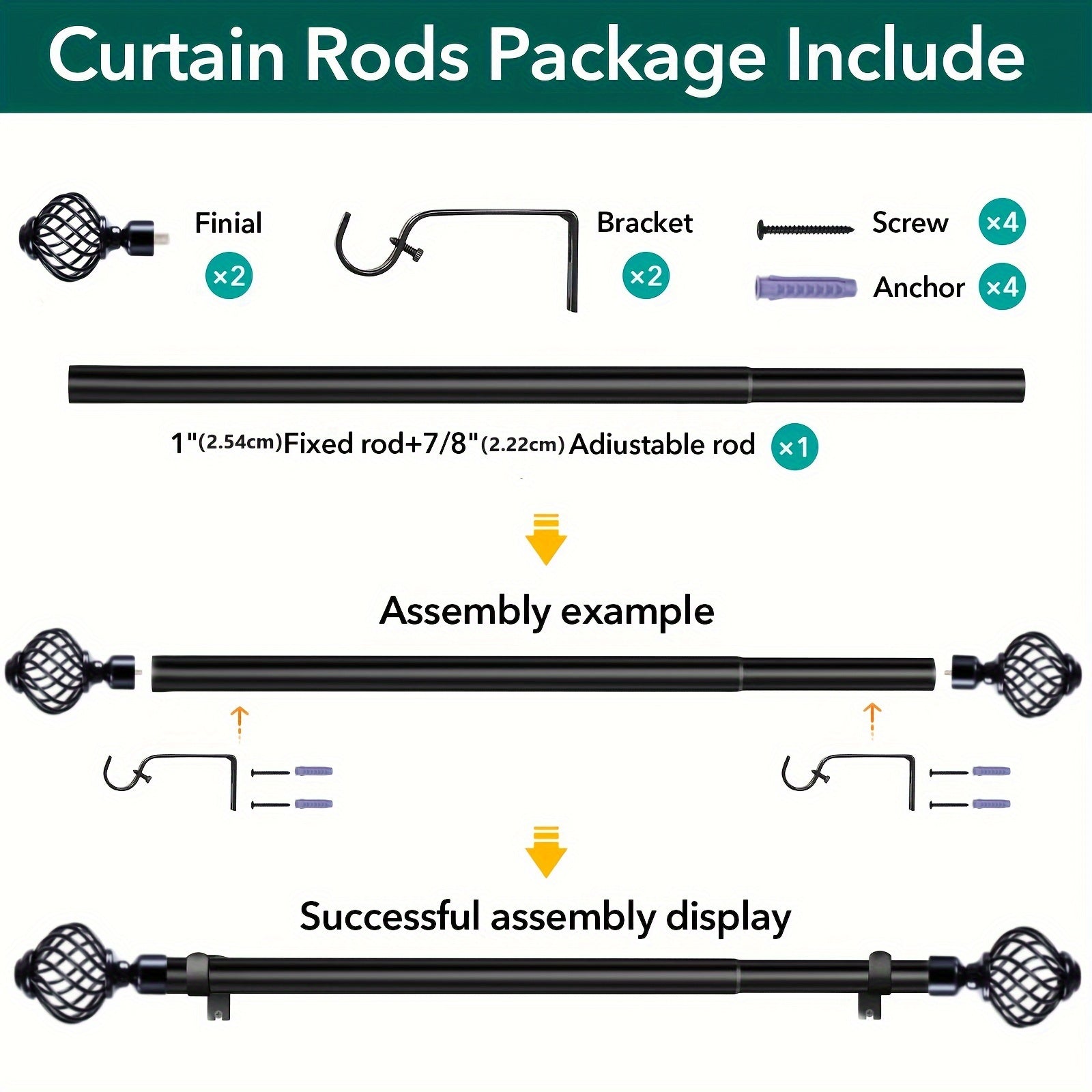 Black Adjustable Curtain Rod Heavy Duty Farmhouse Decorative Drapery Rod for Bedroom Living Room Kitchen Patio 4 Sizes Easy Install