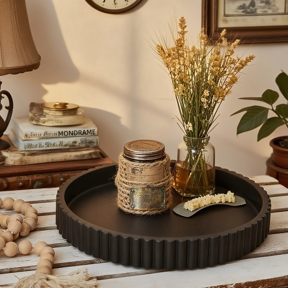 Wood Decorative Tray for Coffee Table 11 Inch Round Boho Serving Tray Wooden Centerpiece for Living Room Ottoman Console Table Jewelry Organizer Accent Decor Tabletop Storage Tray White Black