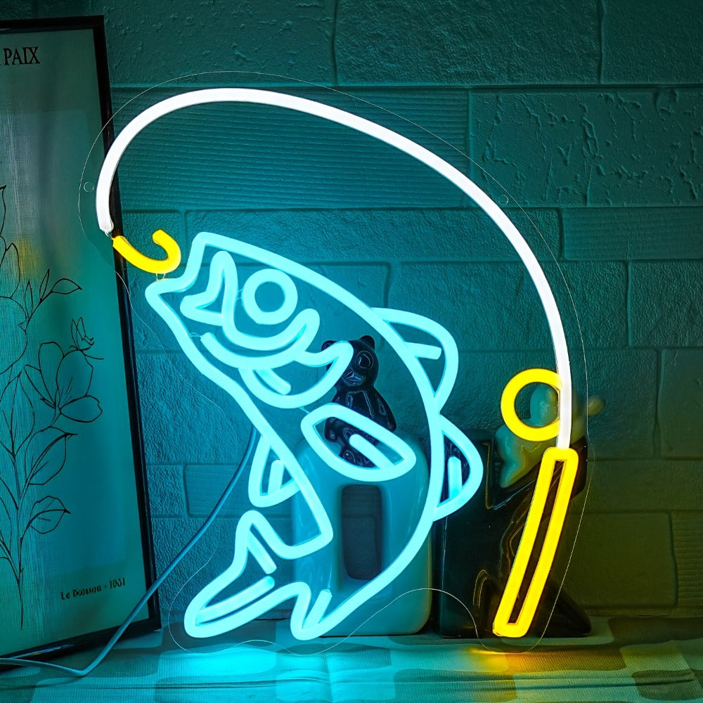 Fishing Neon Sign LED Wall Decor ¨C Dimmable Multicolor Go Fishing Hook Neon Light for Man Cave, Bedroom, Tackle Shop, Bar & Game Room, Fly Fishing Gift & Unique Wall Art