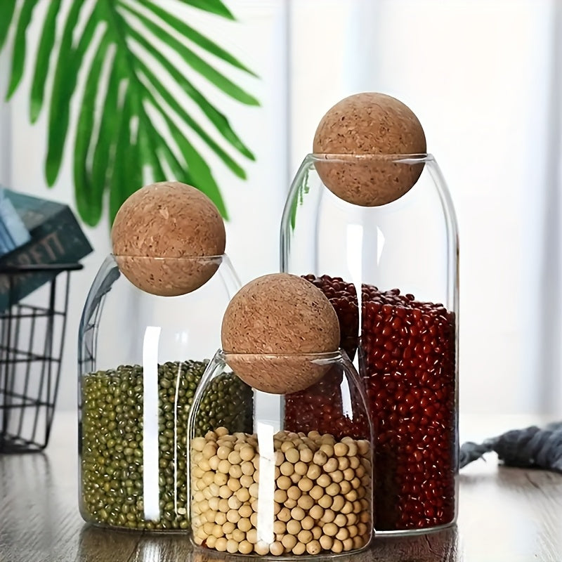 Glass Storage Jars with Cork Lid Set of 3 | 17oz 500ml Airtight Glass Containers with Spherical Cork Stopper | Kitchen Organizer for Tea Nuts Candy Spices Dried Flowers