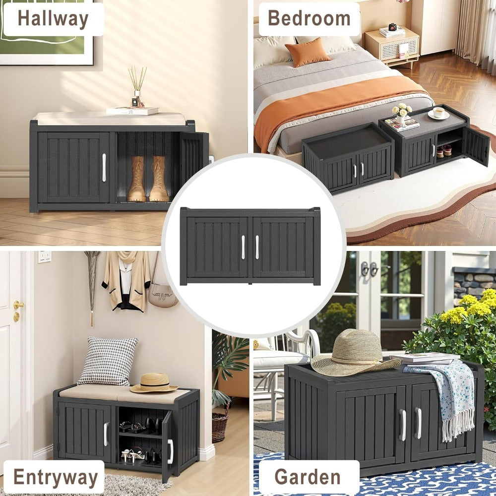 Shoe Storage Bench with Hidden Cabinet Entryway Bench All-Weather Resin Indoor Outdoor Porch Patio Mudroom Hallway Organizer