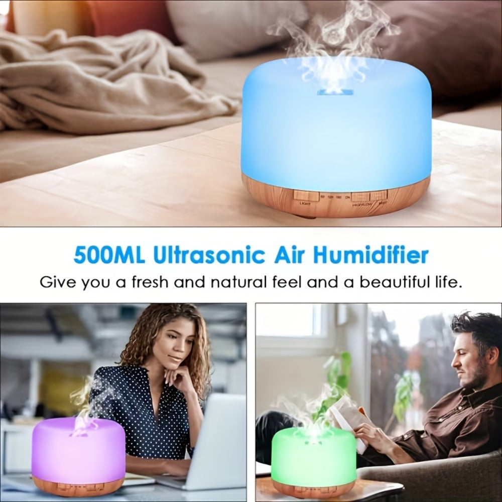 Essential Oil Diffuser 500ml 7-Color Ambient Light Timer Auto Shut-Off USB Ultrasonic Aroma Diffuser for Large Room Home Office Bedroom Wood Grain Humidifier