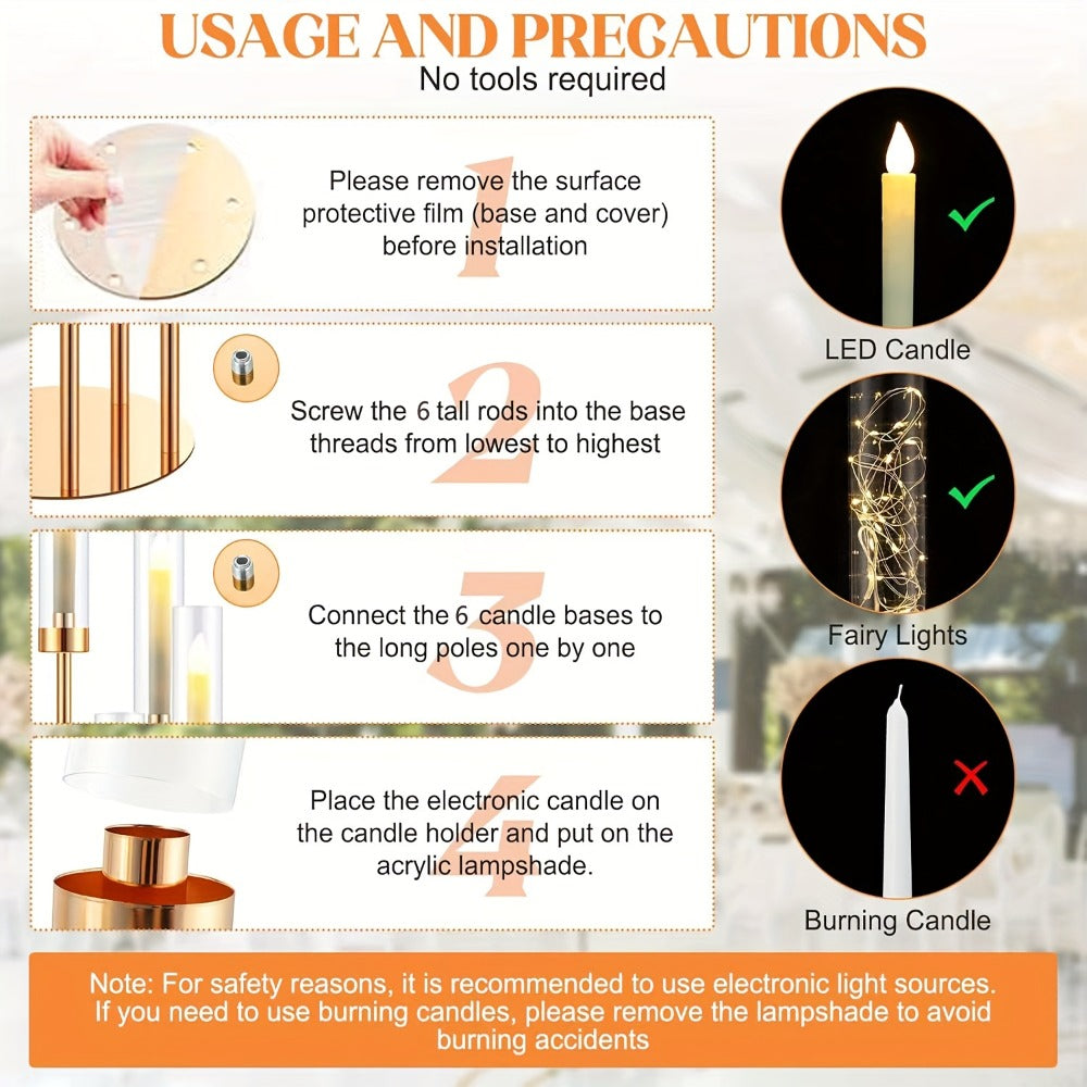 Floor Candelabra 6-Arm 46 Inch Gold Metal Candlestick Set with 12pcs LED Candles & Acrylic Shades, Tall Wedding Centerpiece Candle Holder for Valentine's Day Anniversary Party Home Decor