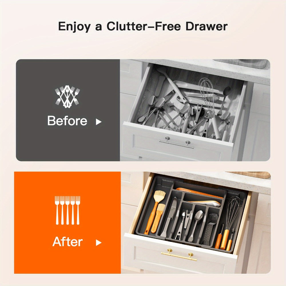 Expandable Cutlery Tray Drawer Organizer Adjustable Silverware Holder with Labels | Kitchen Drawer Organizer for Knives Forks Spoons Utensils | Bamboo & Black Drawer Divider for Kitchen Bedroom Office