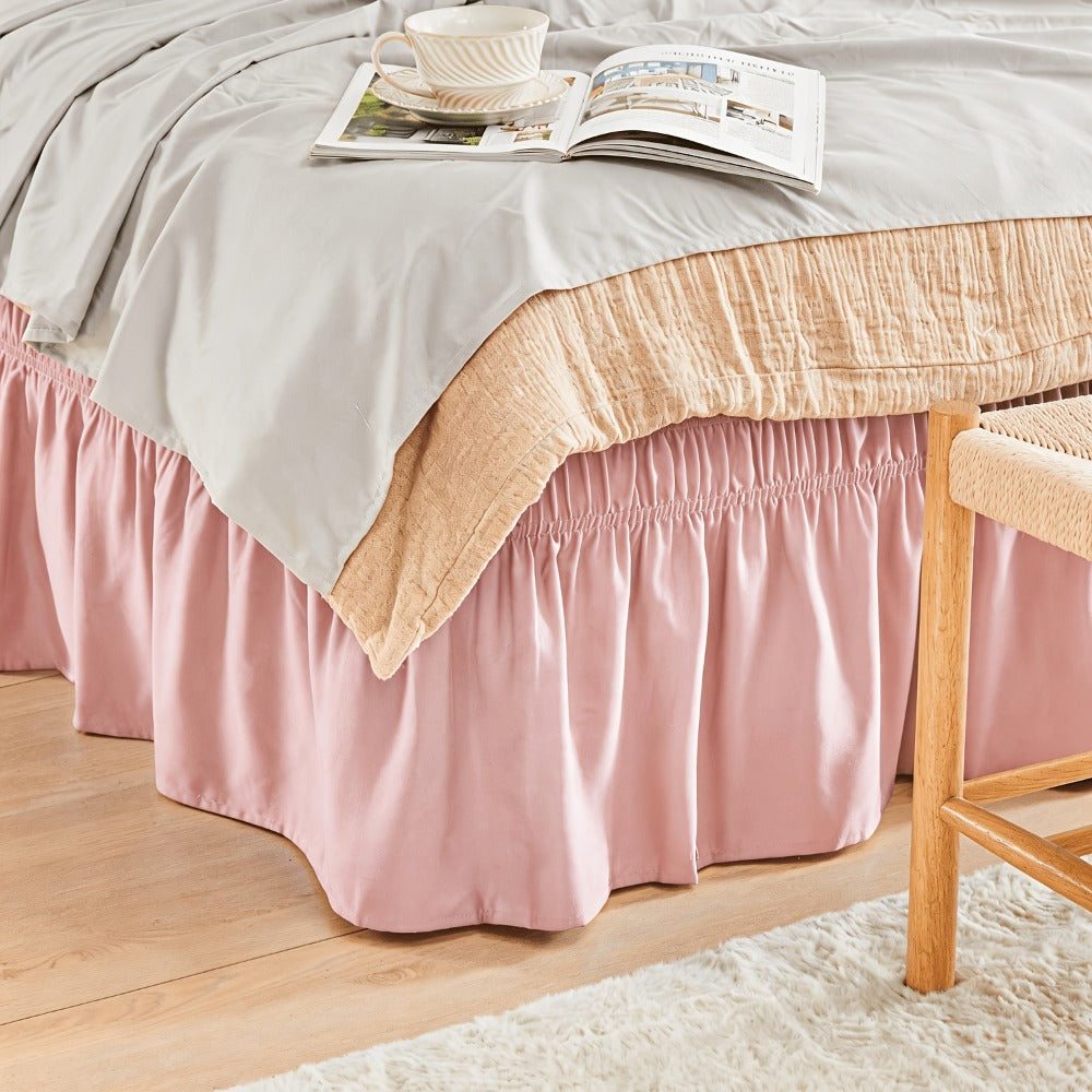 Bed Skirt Elastic Wrap Around Ruffle - 15 Inch Drop Microfiber Dust Ruffle, Adjustable No-Lift Fit, Fade Resistant Machine Washable, Hotel Quality Bedskirt for Twin Full Queen King, 30 Colors