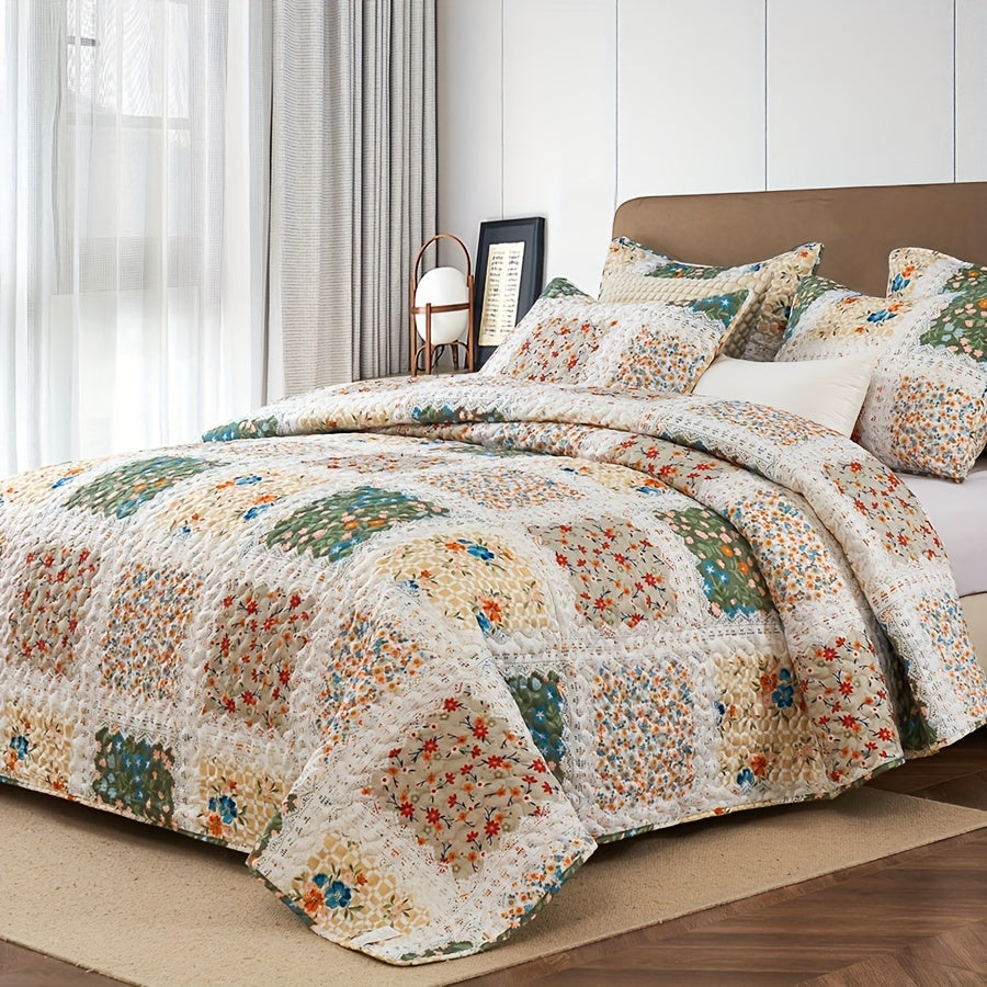 Quilt Set 2 3 Piece Lightweight Floral Patchwork Coverlet Bedding Set with Pillow Shams, Boho Quilted Bedspread for Twin Full Queen King, All Season Soft Cozy Bed Cover Green Blue Pink Grey