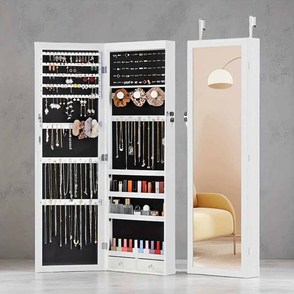 Jewelry Armoire Floor Standing 47.2¡± Full-Length Mirror Cabinet with 6 LED Lights Dual Lock, Jewelry Organizer for Necklaces Earrings Rings Bracelets, Bedroom Closet Storage 4 Colors