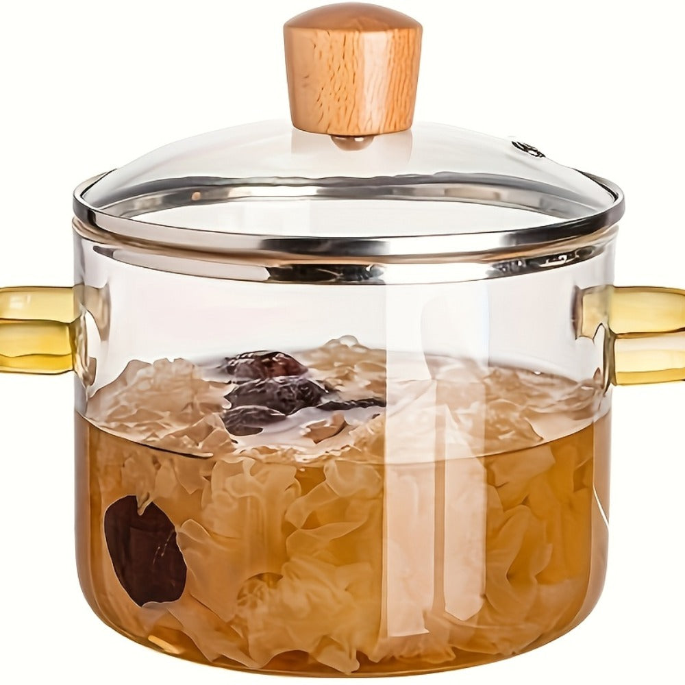 Glass Cooking Pot 54oz 1600ml Borosilicate Heat-Resistant with Lid ¨C Transparent Dumpling & Ramen Pot for Stove & Oven | Odorless Easy-Clean Soup Milk Pot with Green or Yellow Stainless Steel Handle
