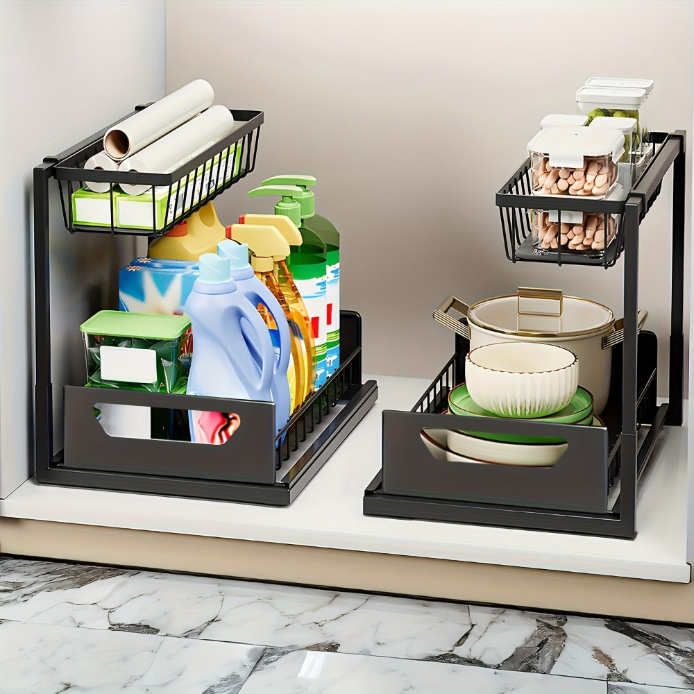2-Tier Pull-Out Cabinet Organizer Metal Sliding Drawer, Kitchen Sink Storage Container for Bathroom Tabletop Study, Push-Pull Stackable Organizer for Kitchen Bathroom Cabinet