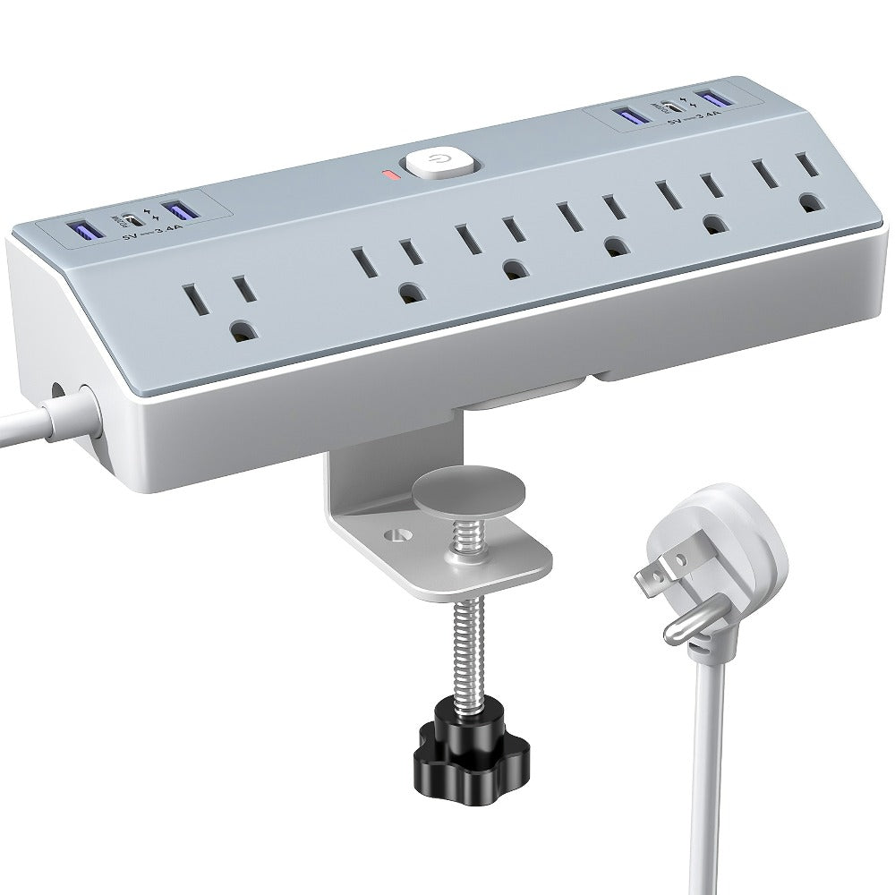 Desk Clamp Power Strip with USB-C PD 20W Fast Charging - 4 AC Outlets 4 USB Ports Surge Protector 1050J 8.8Ft Flat Plug Extension Cord Removable Clamp Fits 1.8 Inch Tabletop Edge Home Office Gaming