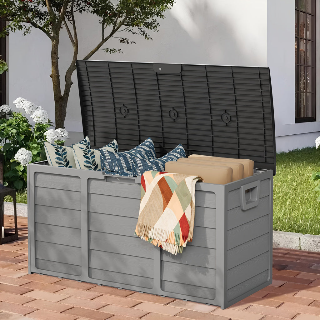 Outdoor Storage Box 75 Gallon Resin Deck Box with Handles ¨C Waterproof Lockable Container for Pool Accessories, Garden Tools, Camping Gear & Patio Storage, Easy Assembly