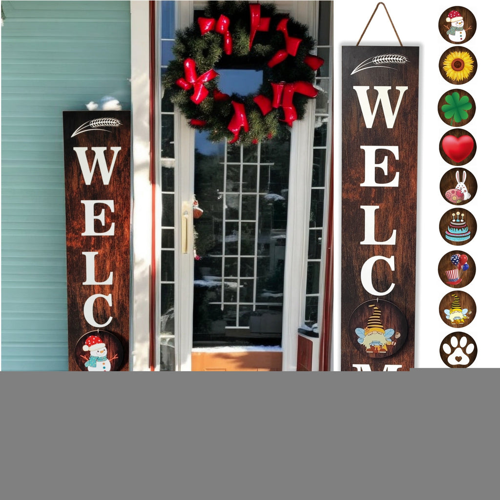 Porch Sign with 12 Interchangeable Seasonal Icons 47 Inch Tall - Welcome Sign for Front Door, Wind Resistant Leaner Board for Patio Yard Farmhouse Entryway, 4th of July Independence Day Decor
